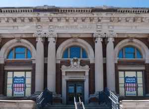 The Union Pacific Railroad Museum at 200 Pearl Street in Council Bluffs, Iowa with a building described as Beaux Arts-style, formerly the Council Bluffs Carnegie Free Public Library.