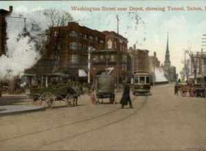Early divided back postcard of a streetcar near the Salem Tunnel