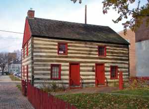 Barnett Bobb House on the NRHP since October 29, 1975. Located at the rear of 157 West Market Street, York in York County, Pennsylvania.
Old log cabin that has been moved to this location, behind the Golden Plough Tavern and General Horatio Gates