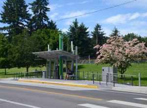 The westbound Marshall/Luepke Community Center station of "The Vine" service, on E. McLoughlin Blvd. in Vancouver, Washington.