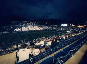 Maverik Stadium during a power outage following thunderstorms, prior to kickoff of a game against North Dakota. September 10, 2021.