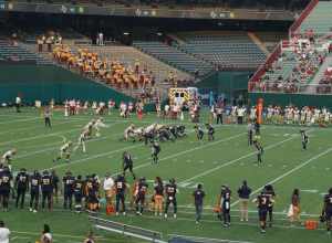 Midwestern State on offense during the Midwestern State Mustangs vs. Texas A&amp;M–Commerce Lions football game at Choctaw Stadium in Arlington, Texas (United States). Midwestern State won 31–30.