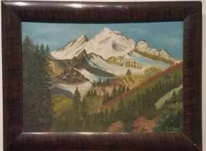 Oil on canvas painting of mountain, hills, and trees by Joseph Stanek, Sr.