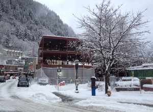 Construction of the Walter Soboleff Building, on Front and Seward St, Juneau Downtown Historic District, Southeast Alaska.