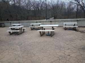 Picnic tables at the Starved Rock State Park visitor's center in Illinois.