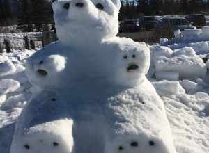 a snow block sculpted to look like a large bear
Winterfest in Denali