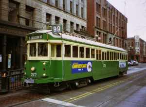 Ex-Melbourne W2-class tram/streetcar 272 eastbound at the Occidental Park station, on Main Street, on the Waterfront Streetcar line in Seattle.