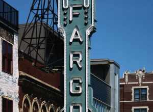 The marquee of a 1920s movie theater in downtown Fargo, North Dakota.