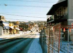 The Dickson Street looking east in Fayetteville, Arkansas.)