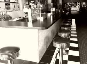 A view of Railroad Drug in Midway, Kentucky, featuring the soda fountain.