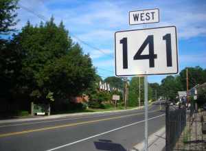 A large shield for Massachusetts Route 141 in Chicopee Falls, Massachusetts.