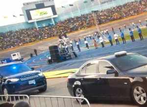 The arrival of the Most Hon. Andrew Holness Prime Minister of Jamaica and the Most Hon. Mrs. Holness at the National Stadium.