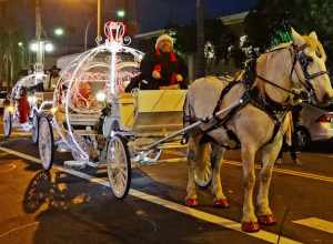 (1 in a multiple picture album)
Brightly lit carriages such as this carry visitors through the streets and around the Mission Inn during the Festival of Lights.  Note the 'toe nail polish' on this pretty horse.