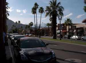 El Paseo, a block south of Hwy 111 in Palm Desert, is a very upscale shopping street.
I am looking west, and in the far distance, I can see snow-capped Mt. San Jacinto, which rises above Palm Springs.

Coachella Valley in Southern California's Low