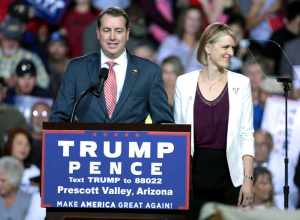 State Treasurer Jeff DeWit, and his wife Marina, speaking with supporters at a campaign rally for Donald Trump at the Prescott Valley Event Center in Prescott Valley, Arizona.

Please attribute to Gage Skidmore if used elsewhere.