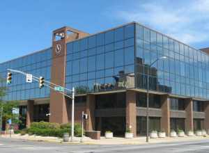 Southern and eastern sides of the Madison County Courthouse, located in the block surrounded by Eighth, Main, Ninth, and Meridian Streets in Anderson, Indiana, United States.  It was built in 1973 to replace a historic courthouse that was a victim of