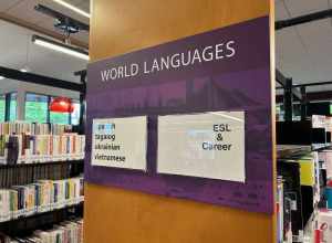 World languages sign at the Kent Regional Library in Kent, Washington.