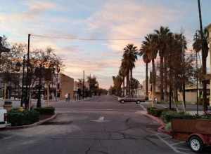 Sunrise over Downtown Hemet, looking south down Harvard St.