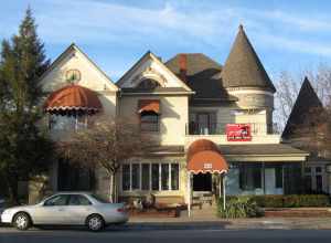 Front of the Victoria Towers, located at 211 E. Kirkwood Avenue in Bloomington, Indiana, United States.  Built in 1880, it is part of the locally-designated Old Library Historic District.