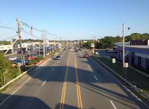 Looking southeast over Route 114 from a railroad bridge in Danvers.