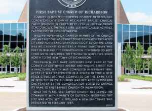 Historical marker in front of First Baptist Church in Richardson, Texas.