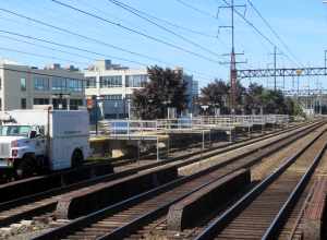 Platform bridges on the eastbound platform at East Norwalk station in September 2018. One track was out of service for catenary replacement.