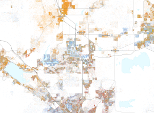 Map of the distribution of races and ethnicities in US cities, inspired by similar maps created by Dustin Cable and others.
Blue is White, Green is Black, Red is Asian, Orange is Hispanic, Purple is Multiracial, and Brown is Native American/Other.